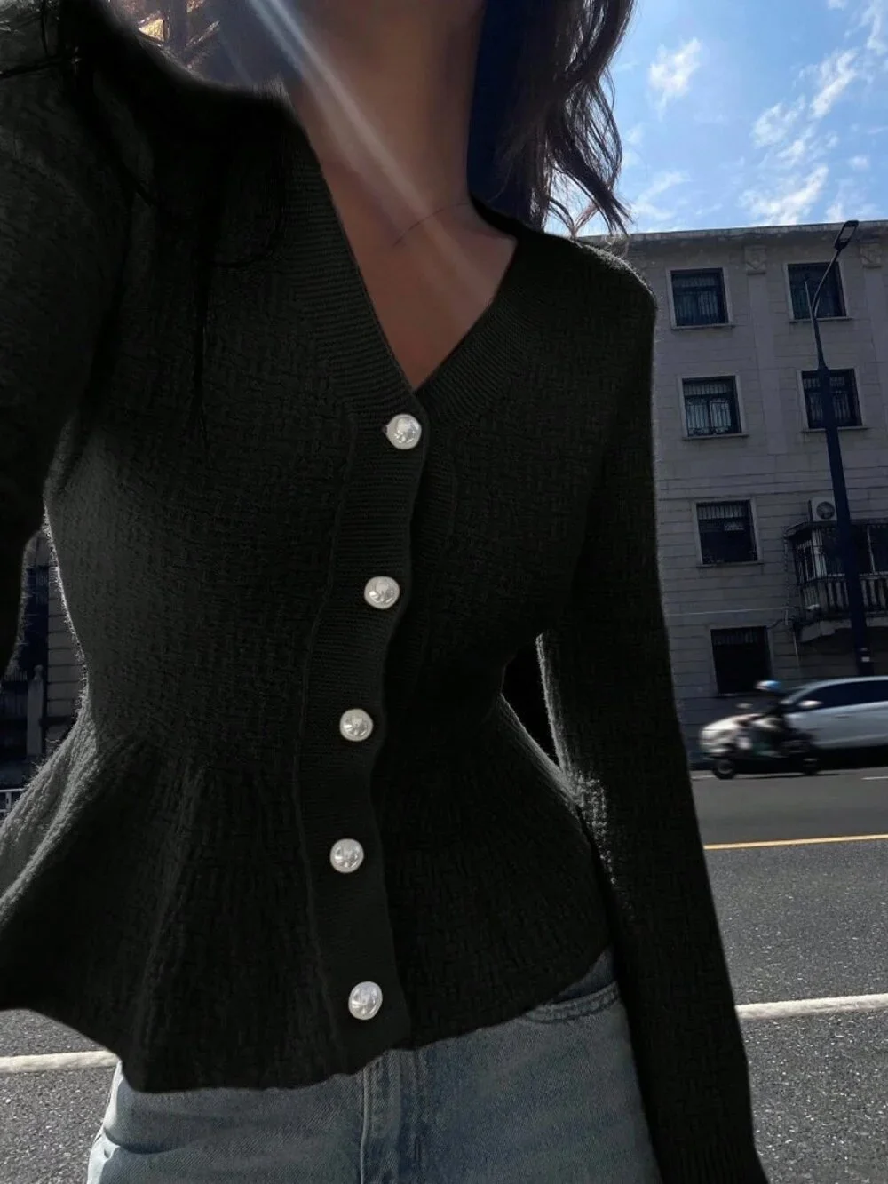 Black Casual Women's Loose Cardigan With Pearl Buttons